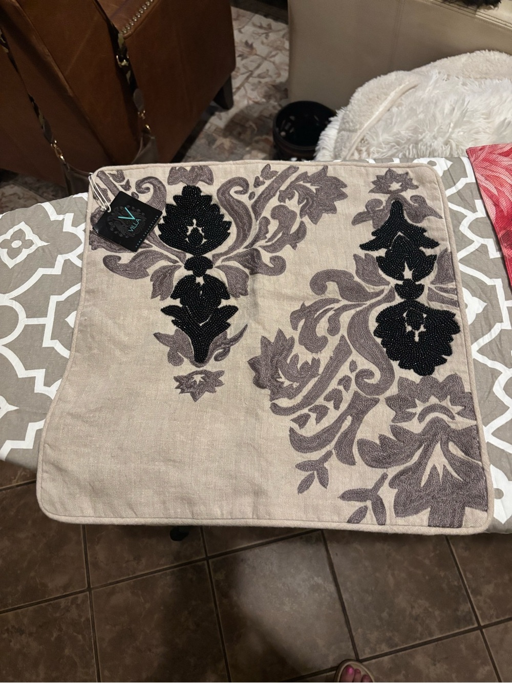 Villa Embroidered-Beaded  Throw Pillow set. Beige linen with Black Accent